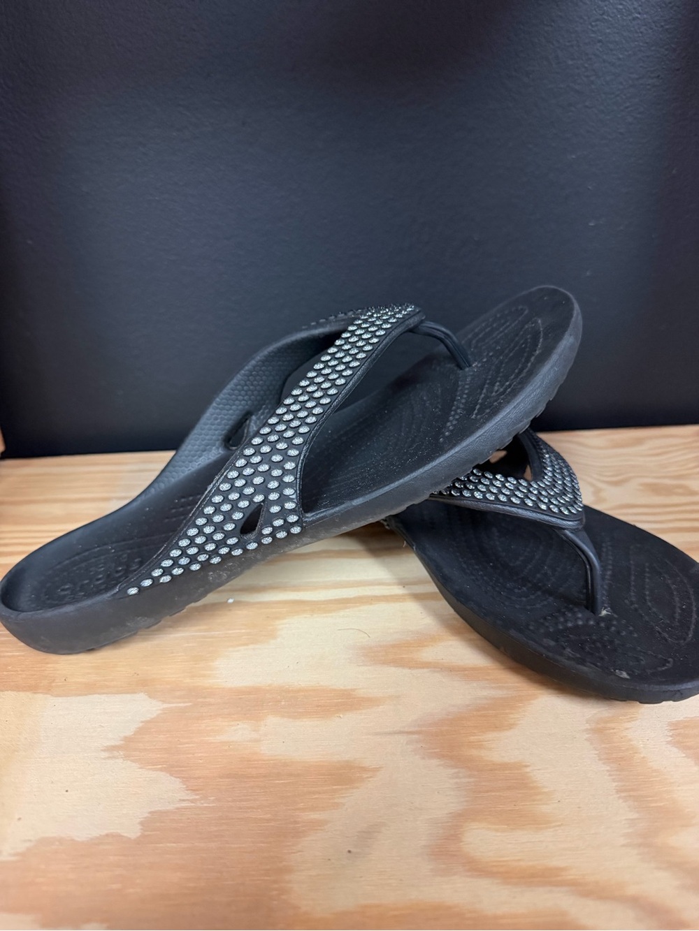 CROCS Black Rhinestone-Embellished Flip Flop Sandals